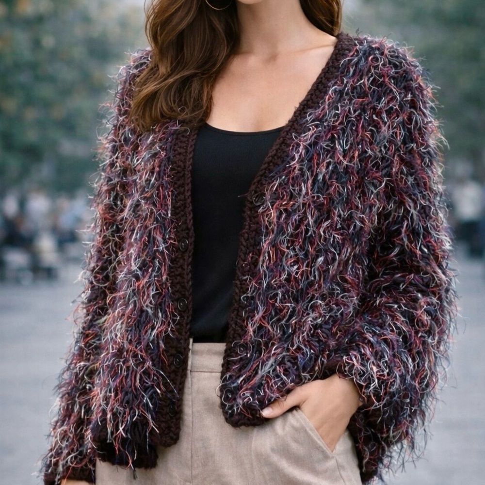 🧶 One of a kind Chic Eyelash Hand Knitted Cardigan, size Small medium